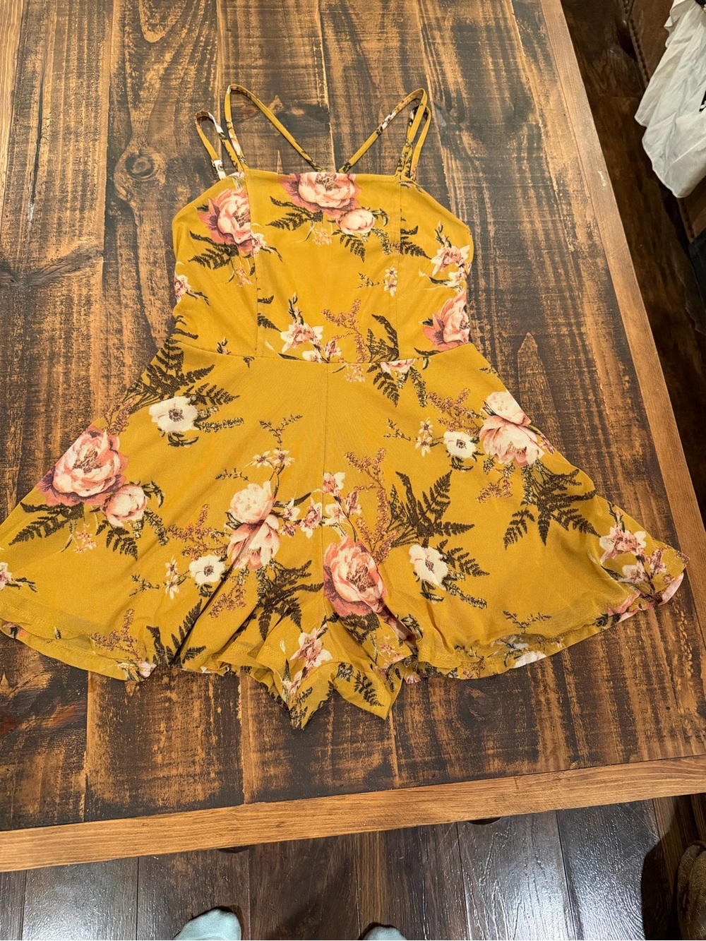 Xhilaration Mustard Floral Spaghetti-Strap Romper with Pink Roses